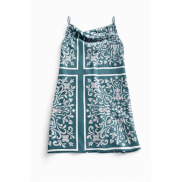 Forever 21 Satin Teal Slip Cowl Neck Mini Scarf Print Dress Size M - Picture 4 of 11